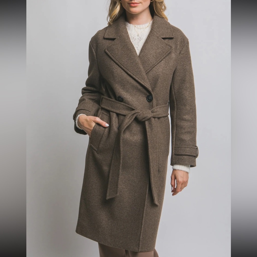 NWT Brown Long Trench Coat Belted Tailored Jacket Size L Love Tree